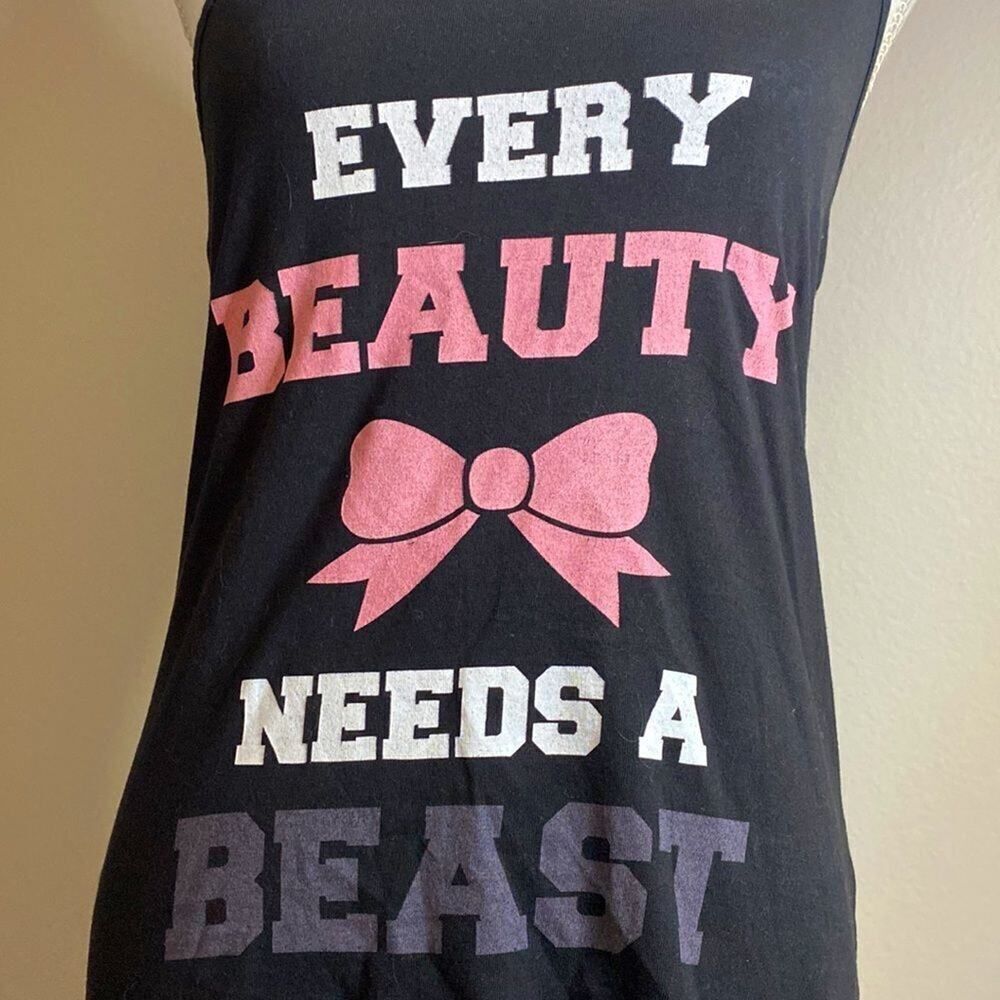 Tank M Racer back “Every Beauty Needs A Beast” Black with Pink Bow